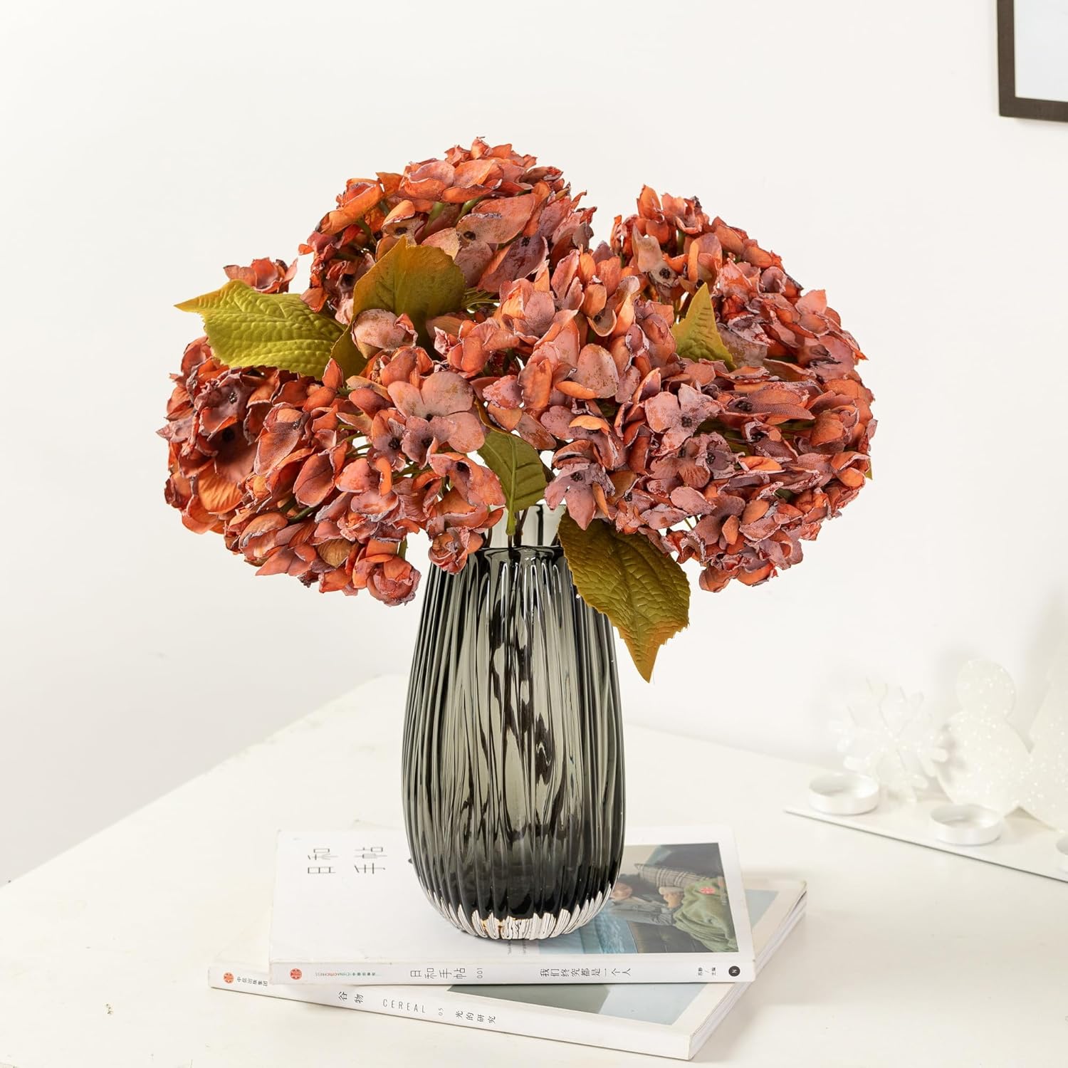 TOPIA Fall Hydrangea Artificial Silk Flowers Bouquet 6 PCS Orange