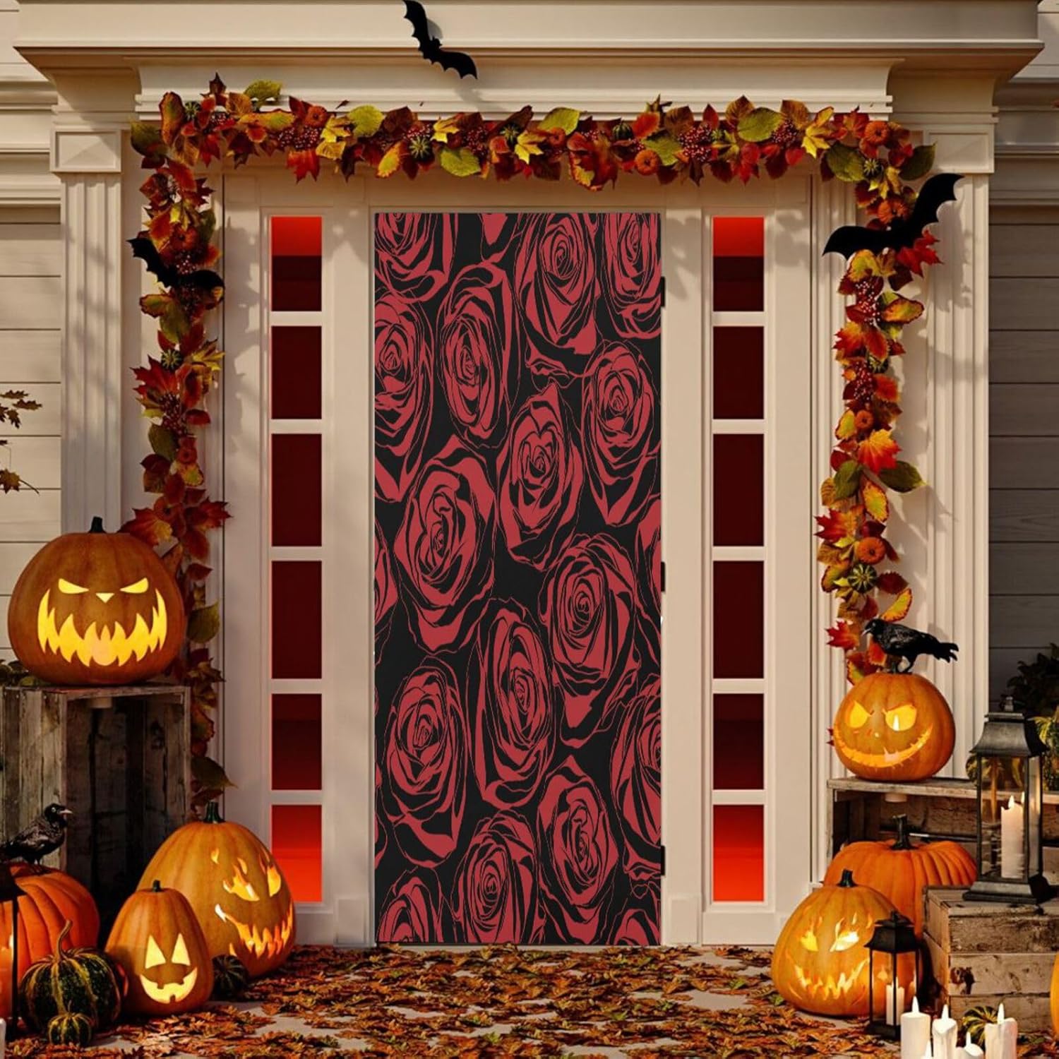 Susiyo Red Floral Halloween Door Cover 32x79 in