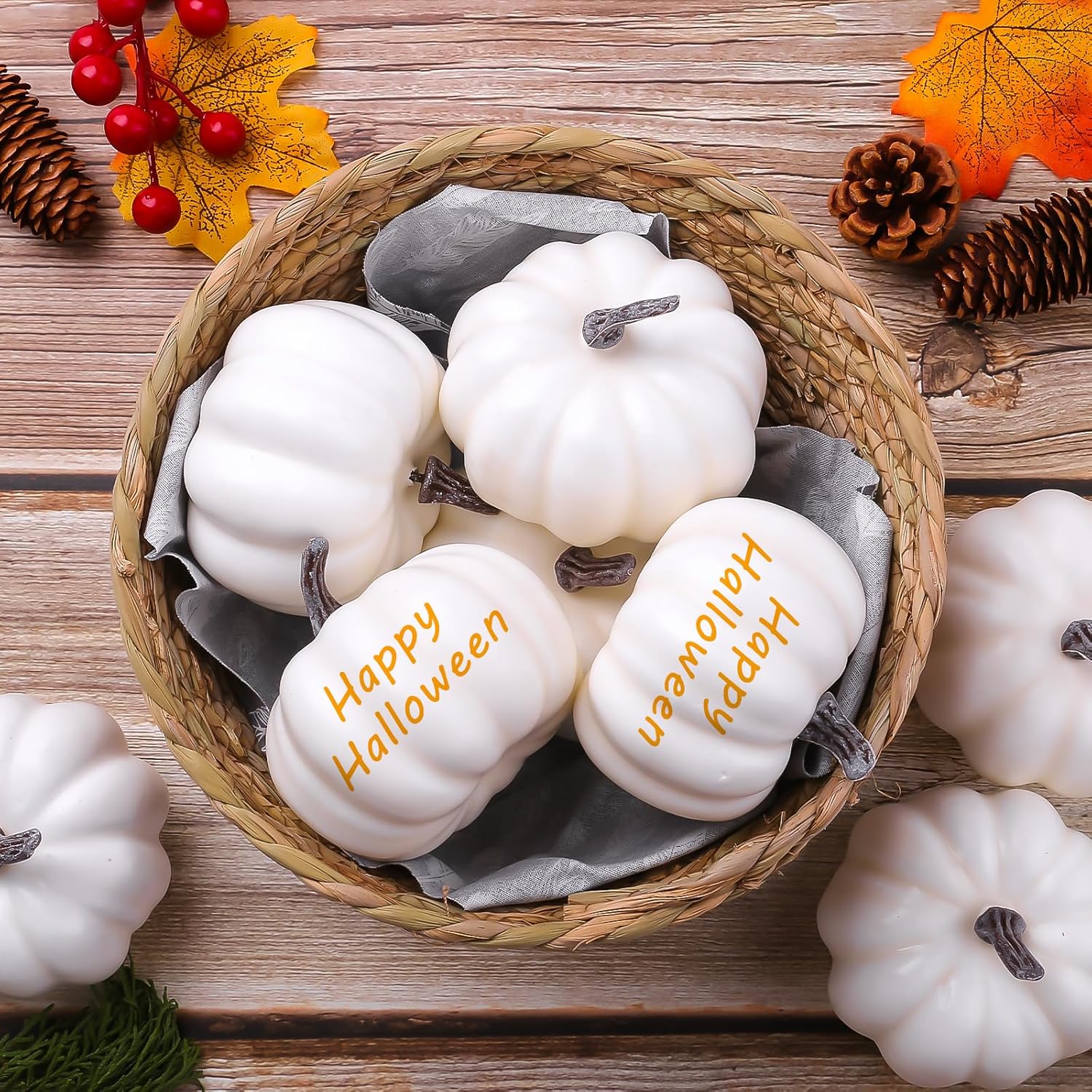 GlyinnHe 12PCS White Artificial Pumpkins for Halloween Decor