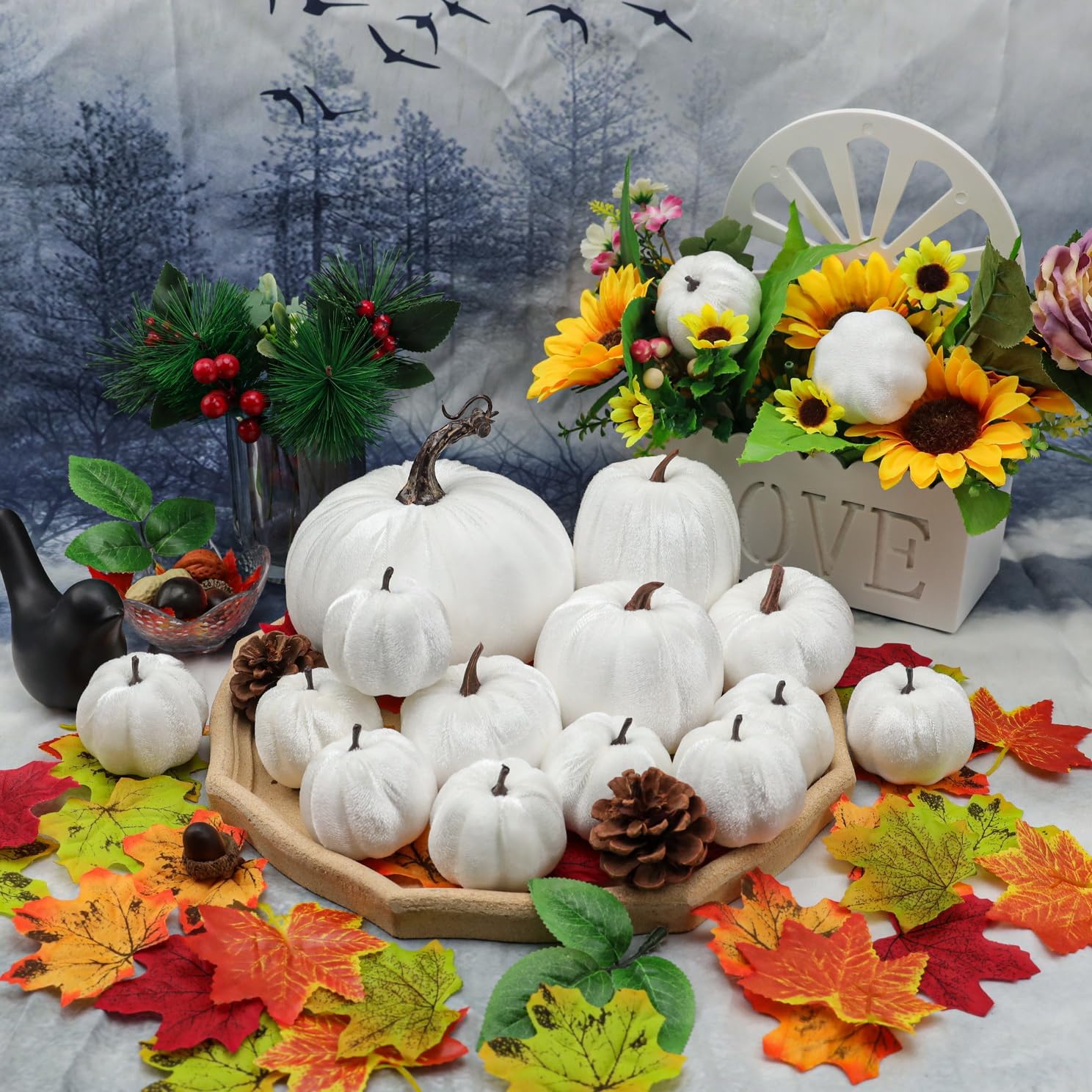 Woration Artificial Pumpkin Set 16pcs Velvet Fabric Fall Decor