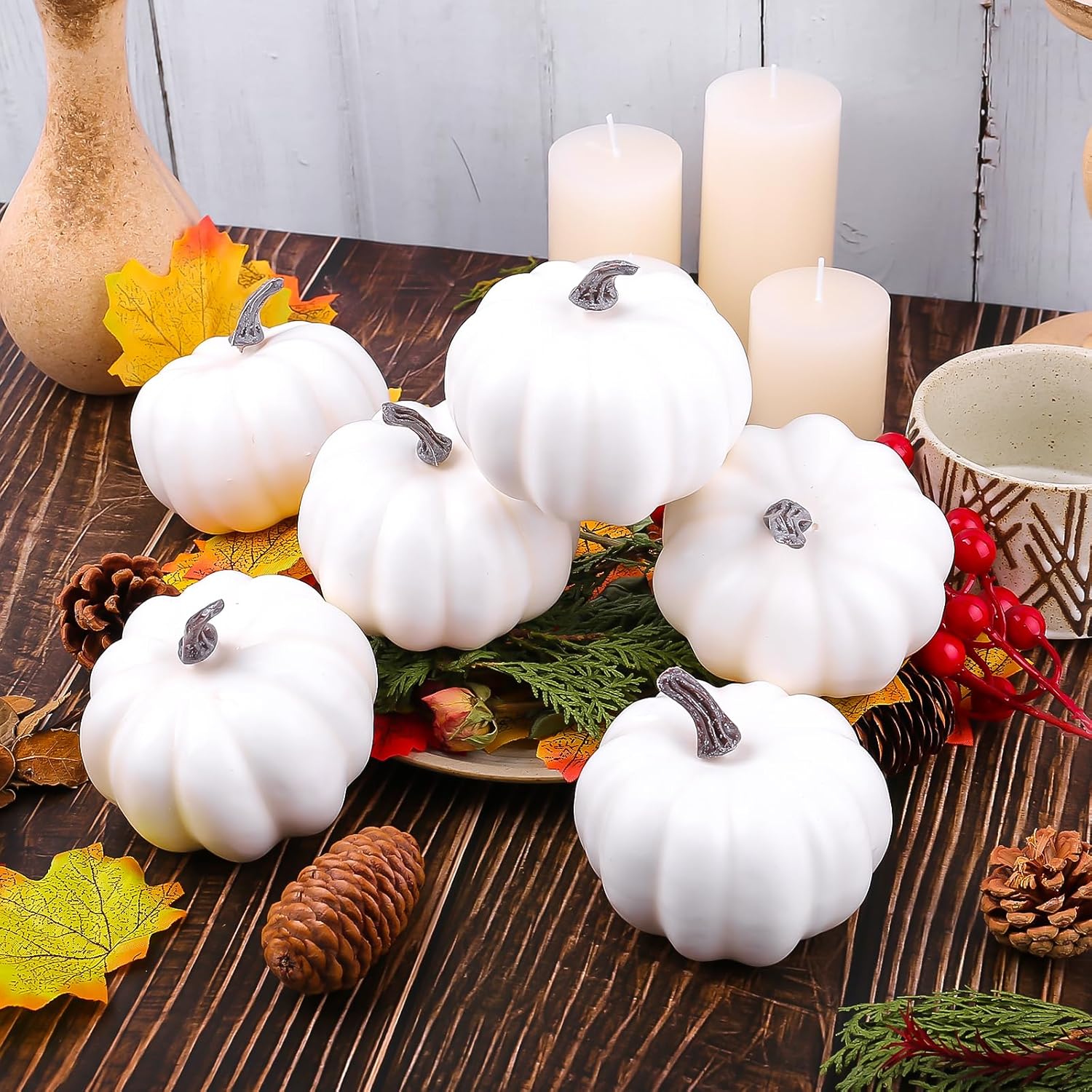 GlyinnHe 12PCS White Artificial Pumpkins for Halloween Decor