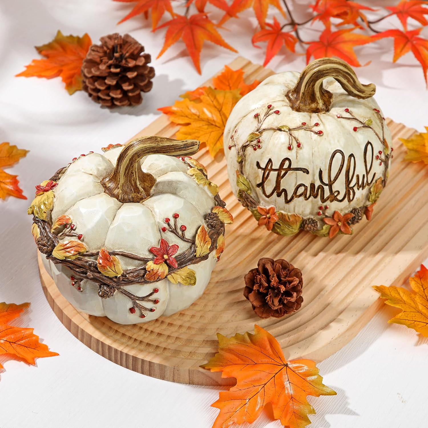 GnFlus Fall Decor 2Pcs White Resin Carved Pumpkins