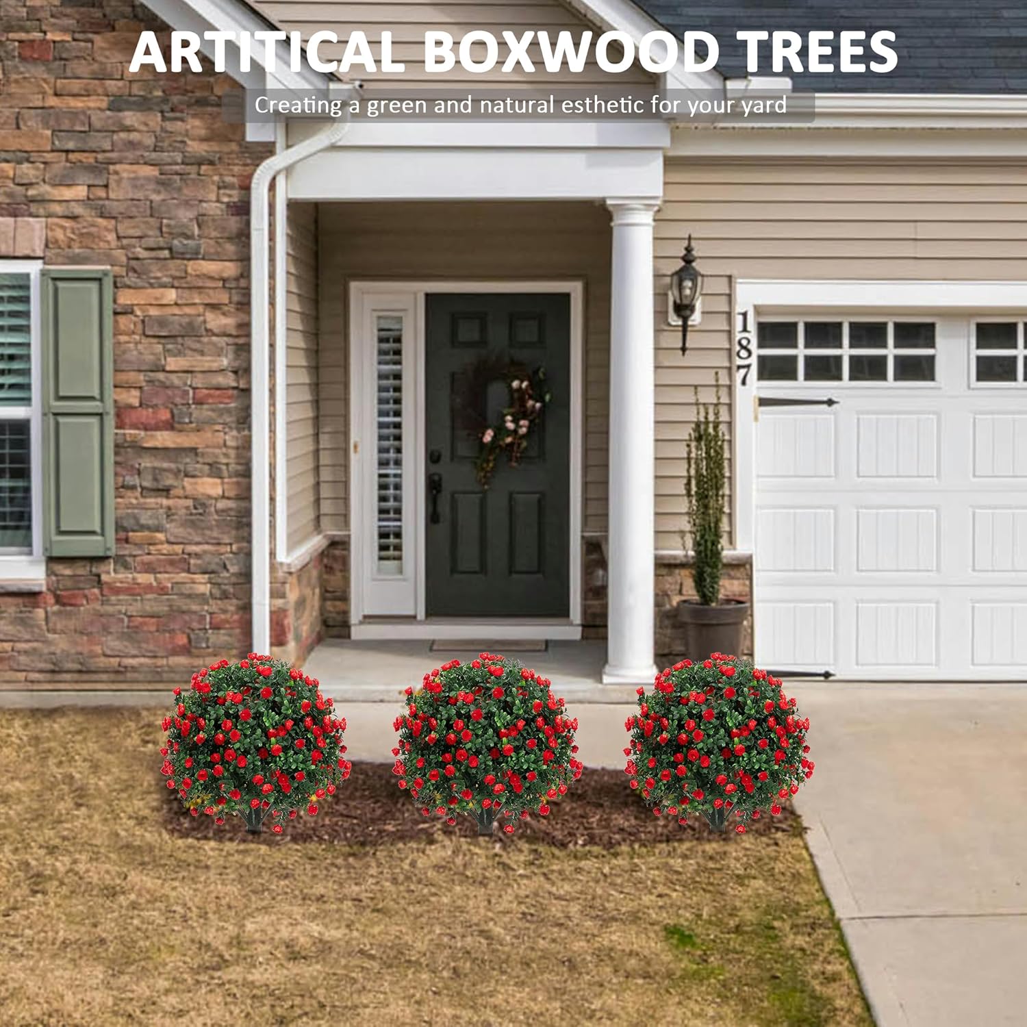 Artificial Boxwood Topiary Ball Trees with Red Flowers 2 Pack