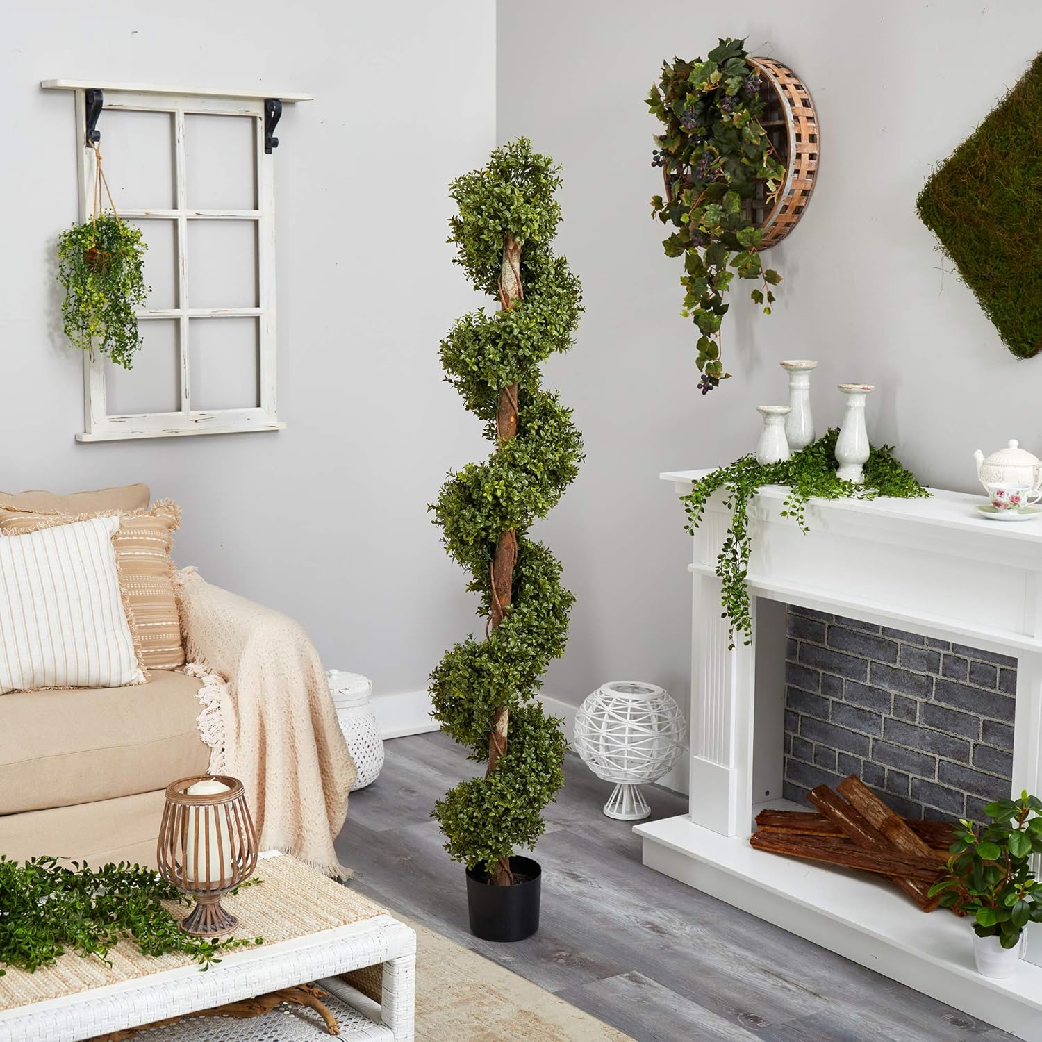 Nearly Natural 6FT Artificial Spiral Boxwood Topiary with Black Planter