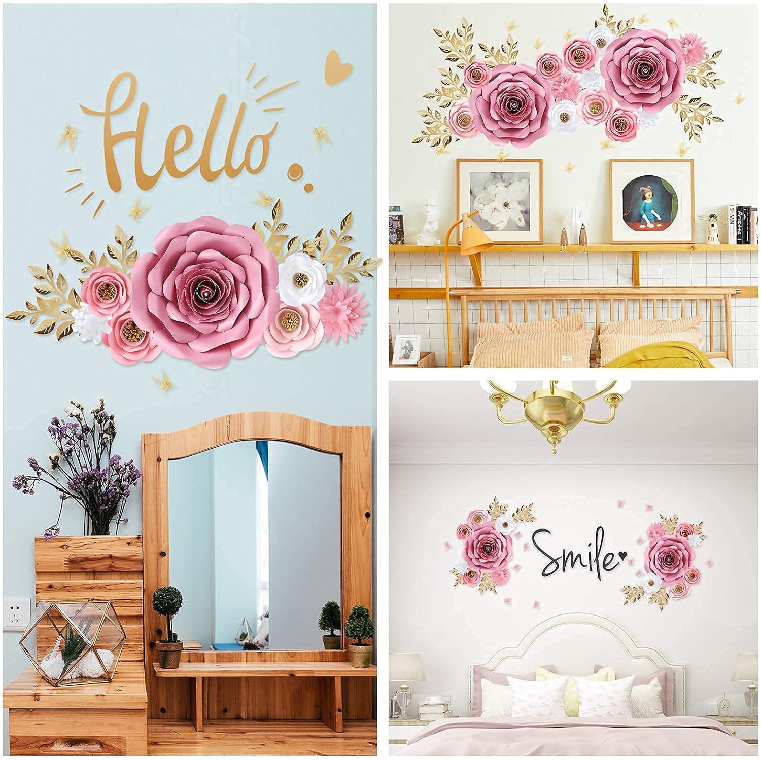 Large 3D Paper Flowers Wall Decor with Gold Butterfly Sticker