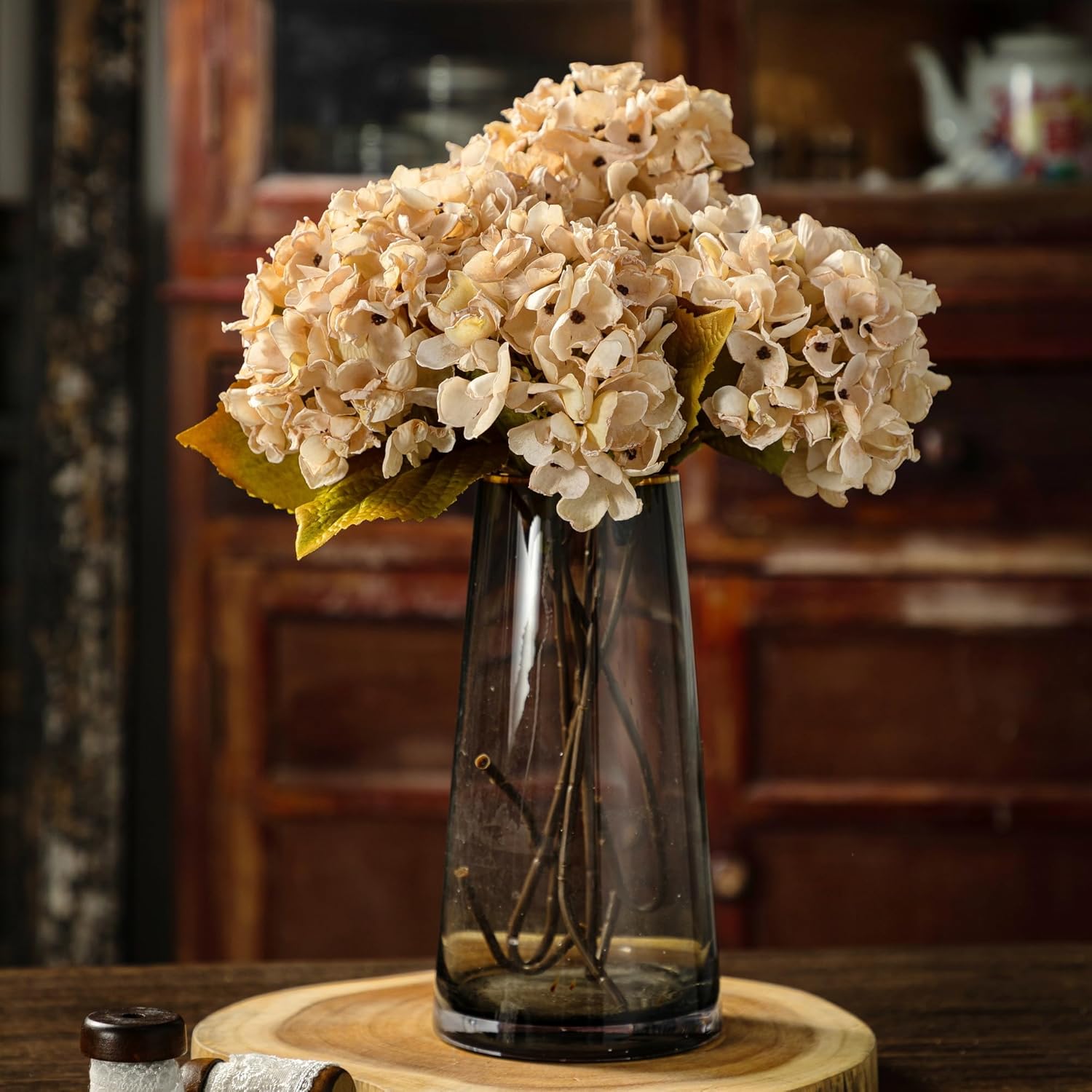 TOPIA Silk Dried Hydrangea Fall Flowers Bouquet 6PCS Cream White