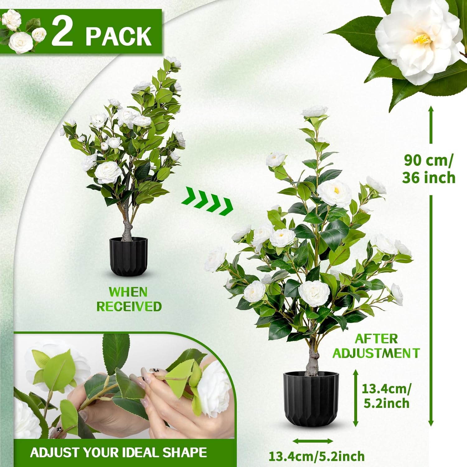 TonJin Artificial White Camellia Tree 36 Inch 2 Pack