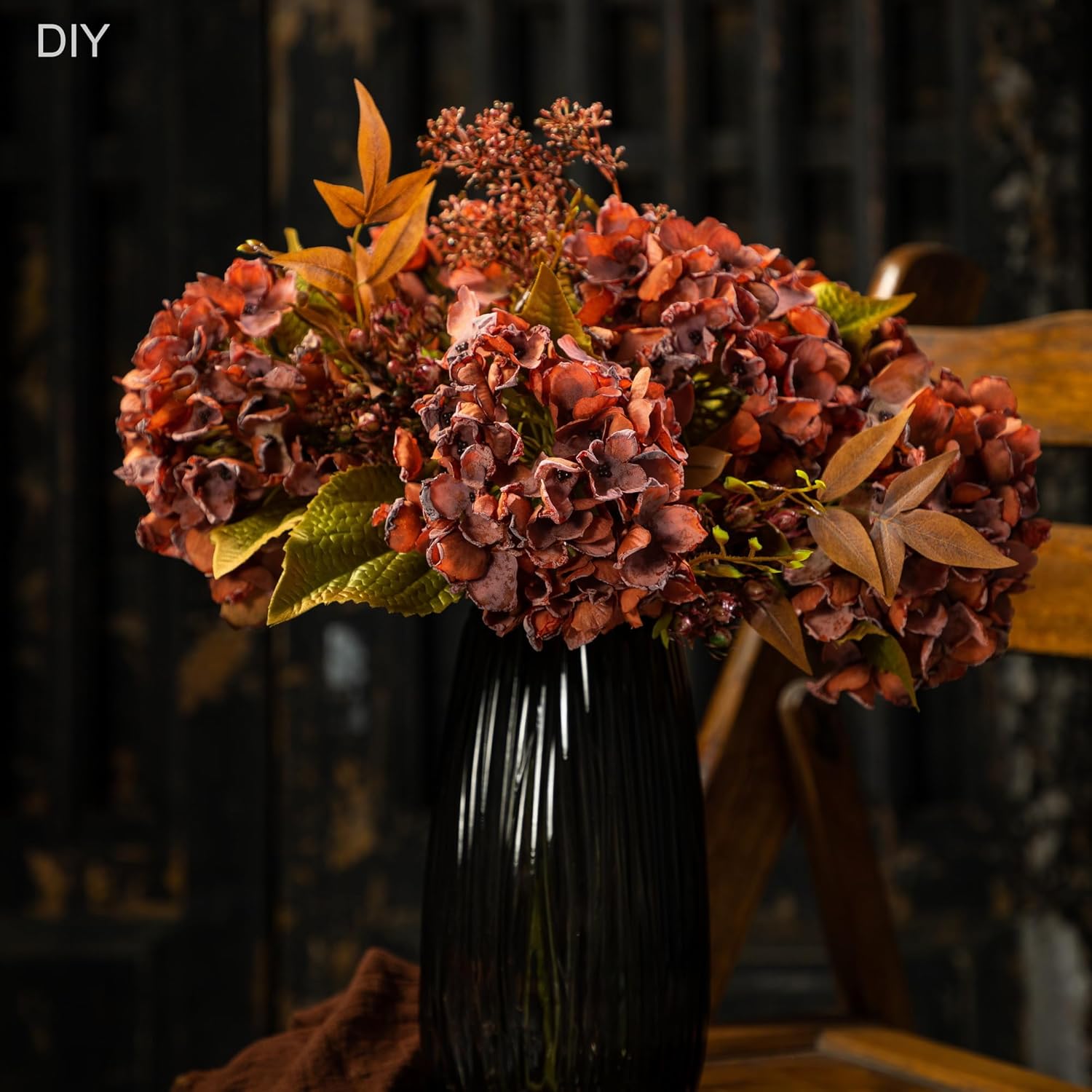 TOPIA Fall Hydrangea Artificial Silk Flowers Bouquet 6 PCS Orange