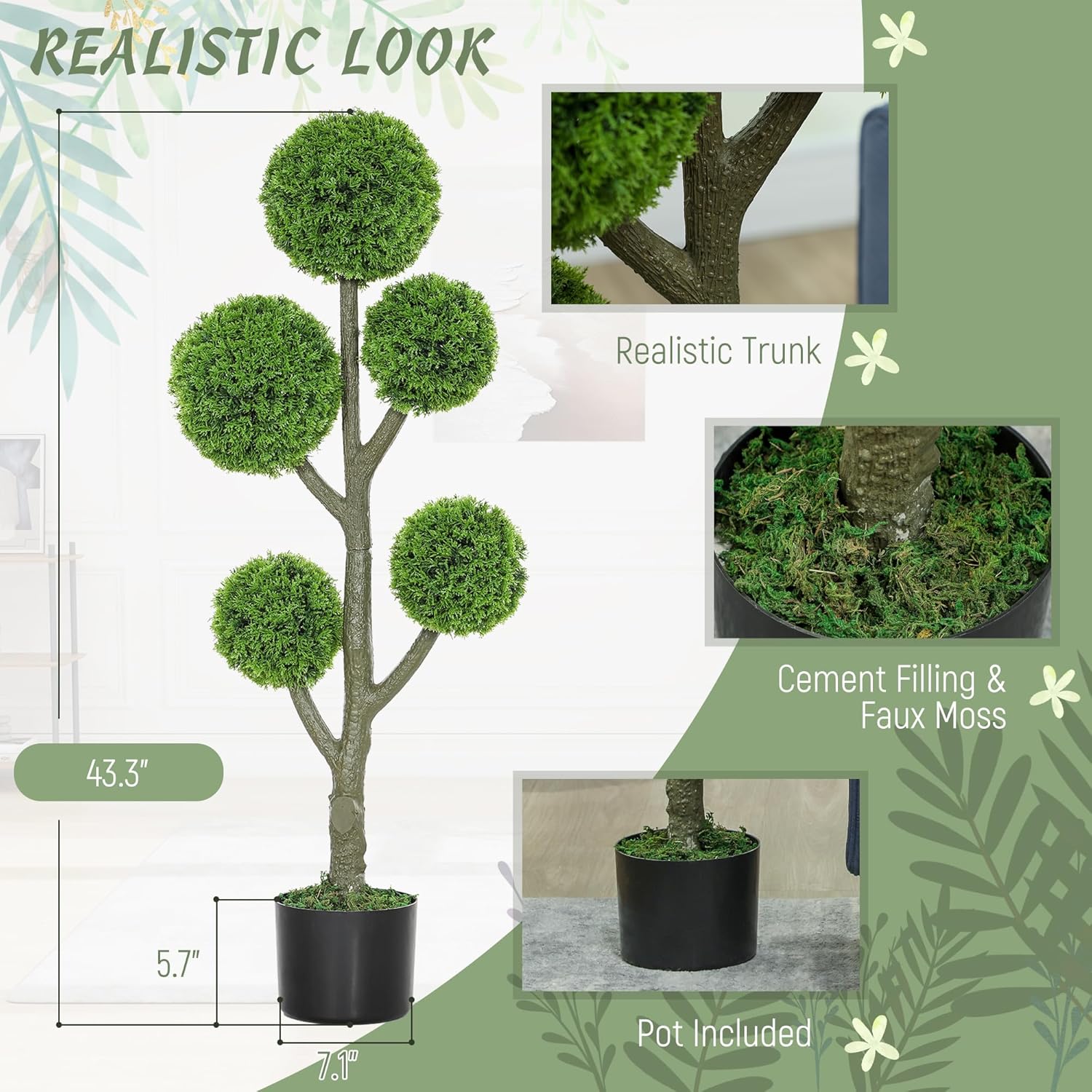 HOMCOM Artificial Topiary Five-Ball Cypress Tree in Pot 433 Inch Green