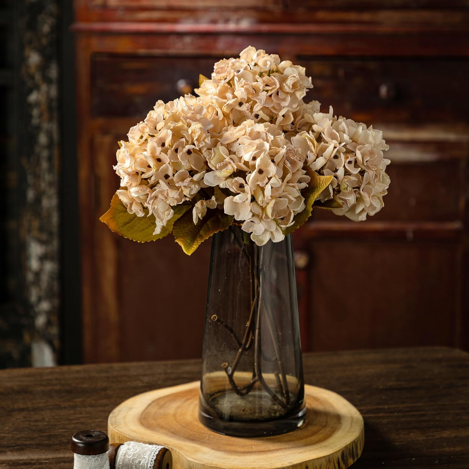 TOPIA Silk Dried Hydrangea Fall Flowers Bouquet 6PCS Cream White