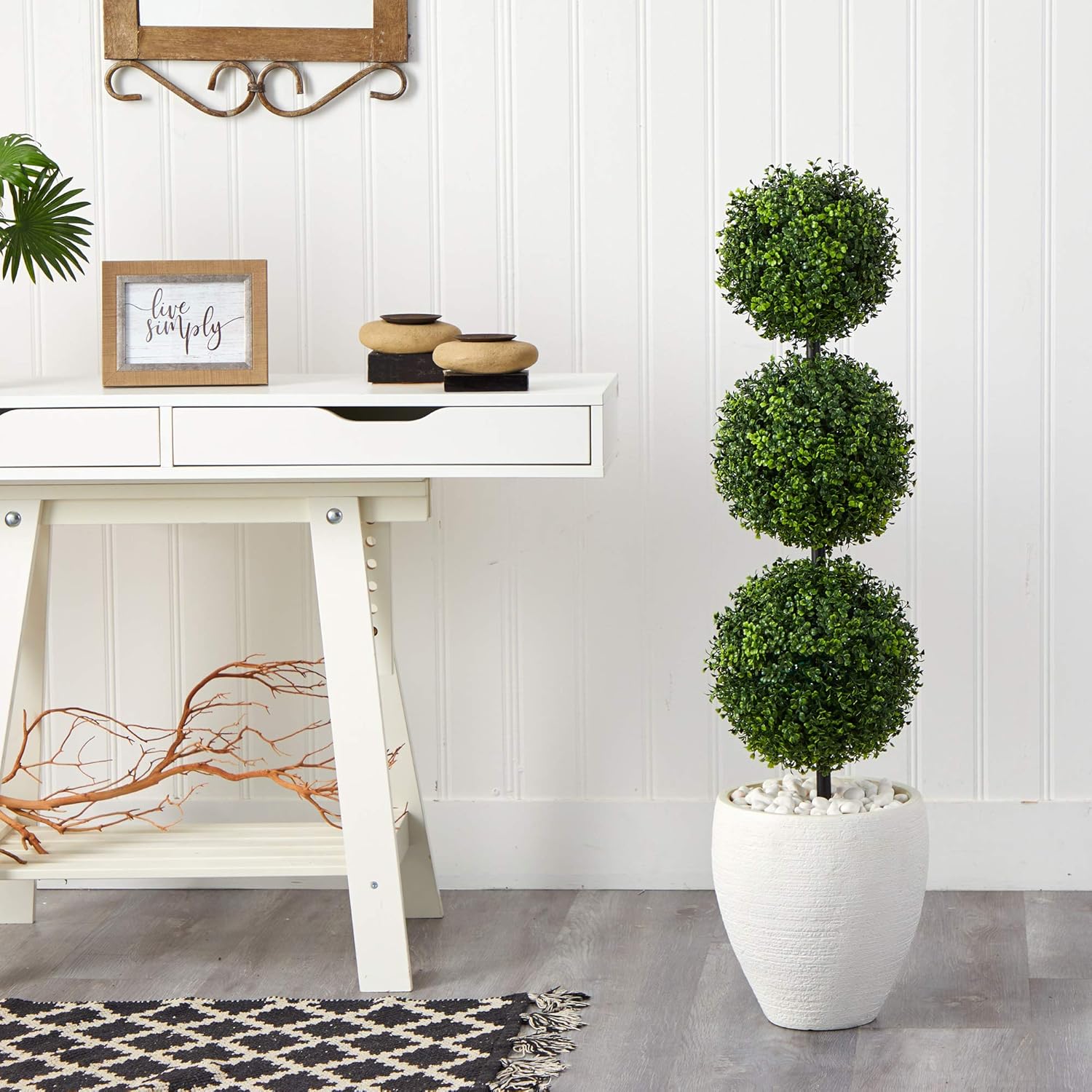 Nearly Natural 35ft Boxwood Triple Ball Topiary Artificial Tree with White Planter