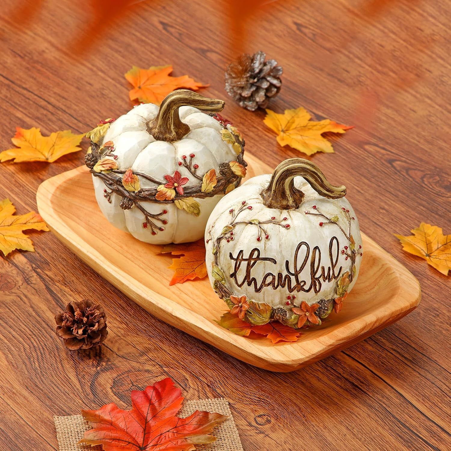 GnFlus Fall Decor 2Pcs White Resin Carved Pumpkins