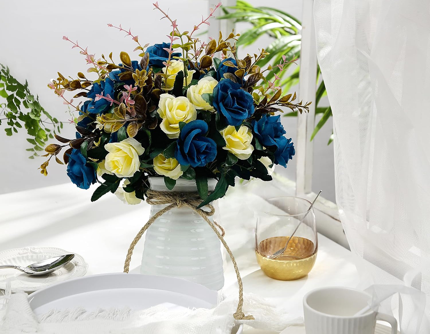 NAWEIDA Artificial Flowers with Vase Navy Blue
