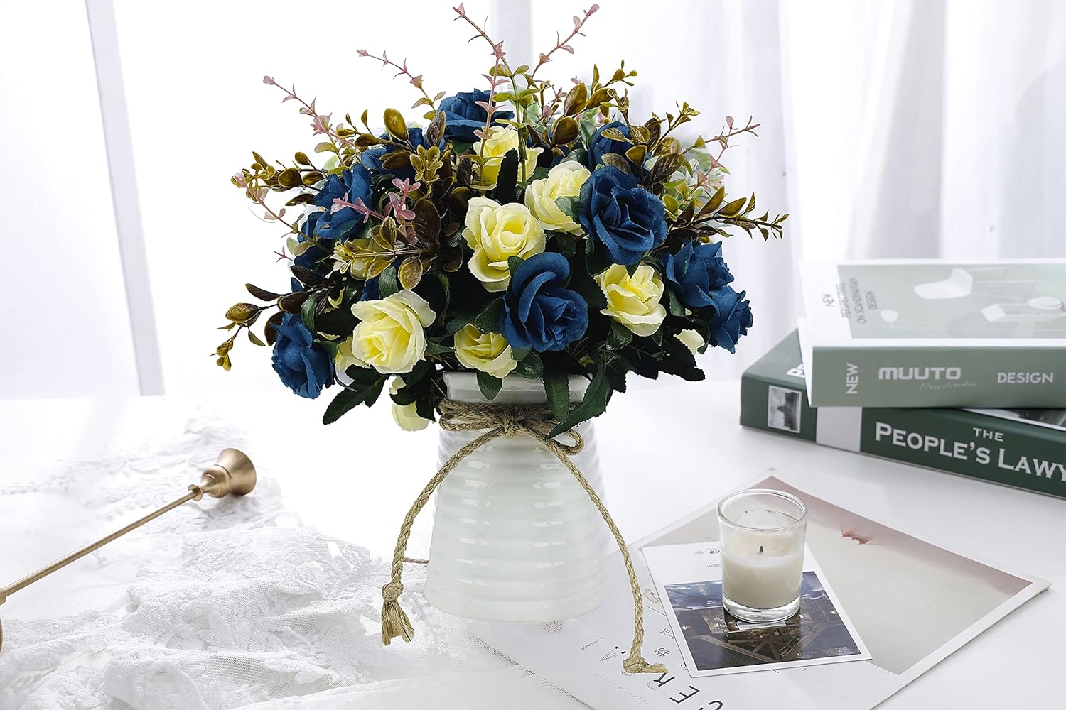 NAWEIDA Artificial Flowers with Vase Navy Blue