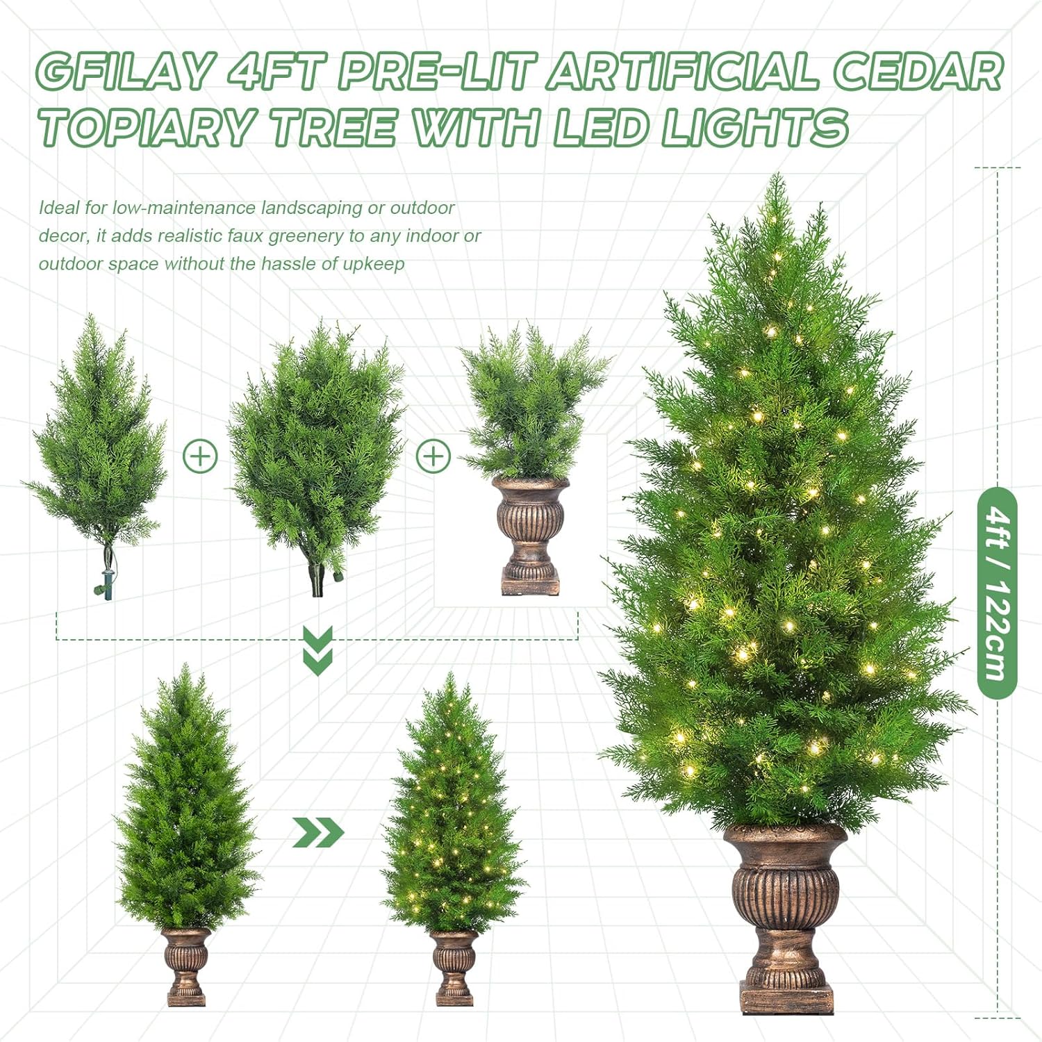 Gfilay 4FT Pre Lit Topiary Tree with LED Lights