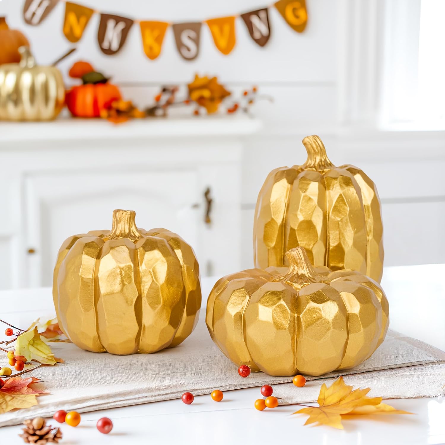 HPC Decor Set of 3 Gold Pumpkins Fall Decor
