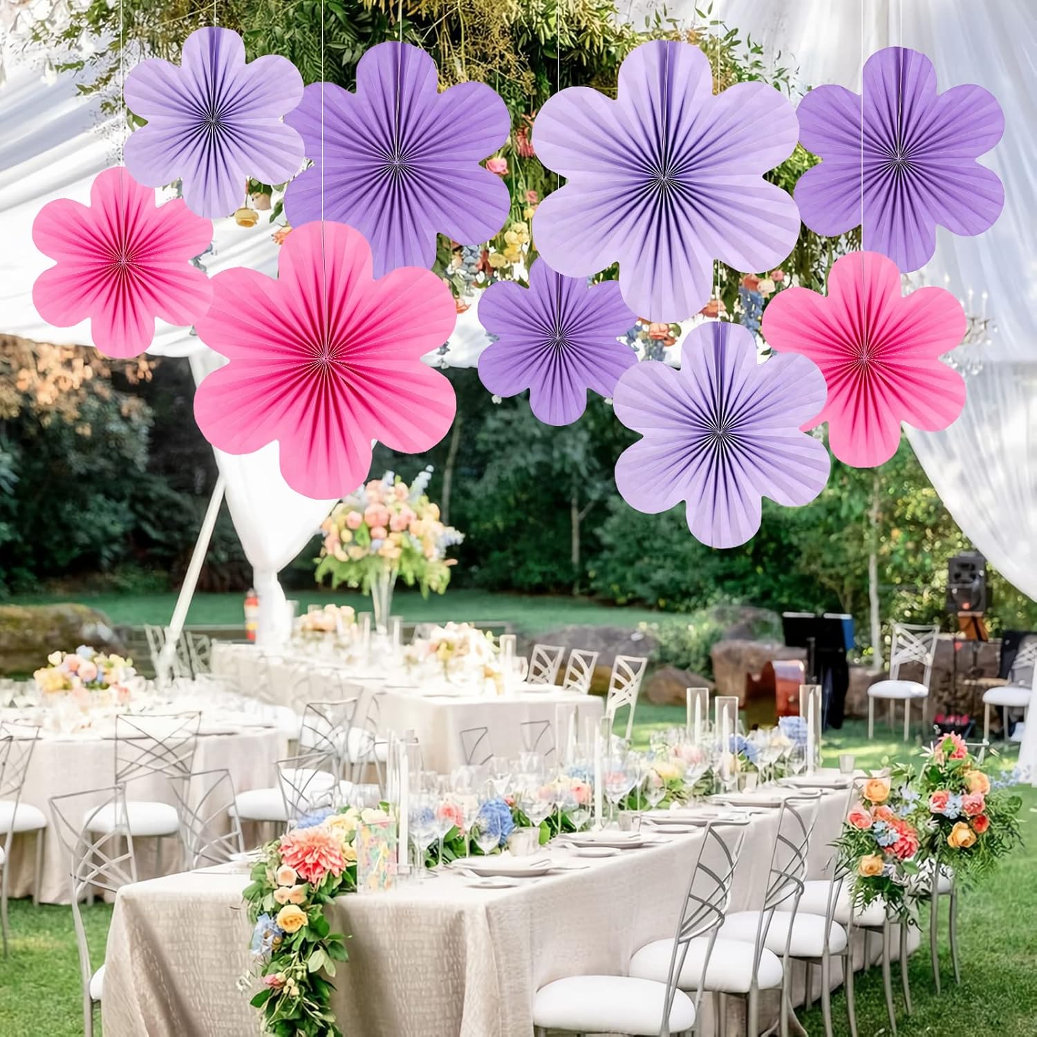 SUNBEAUTY Paper Flower Fans Set of 9 Purple Decorations