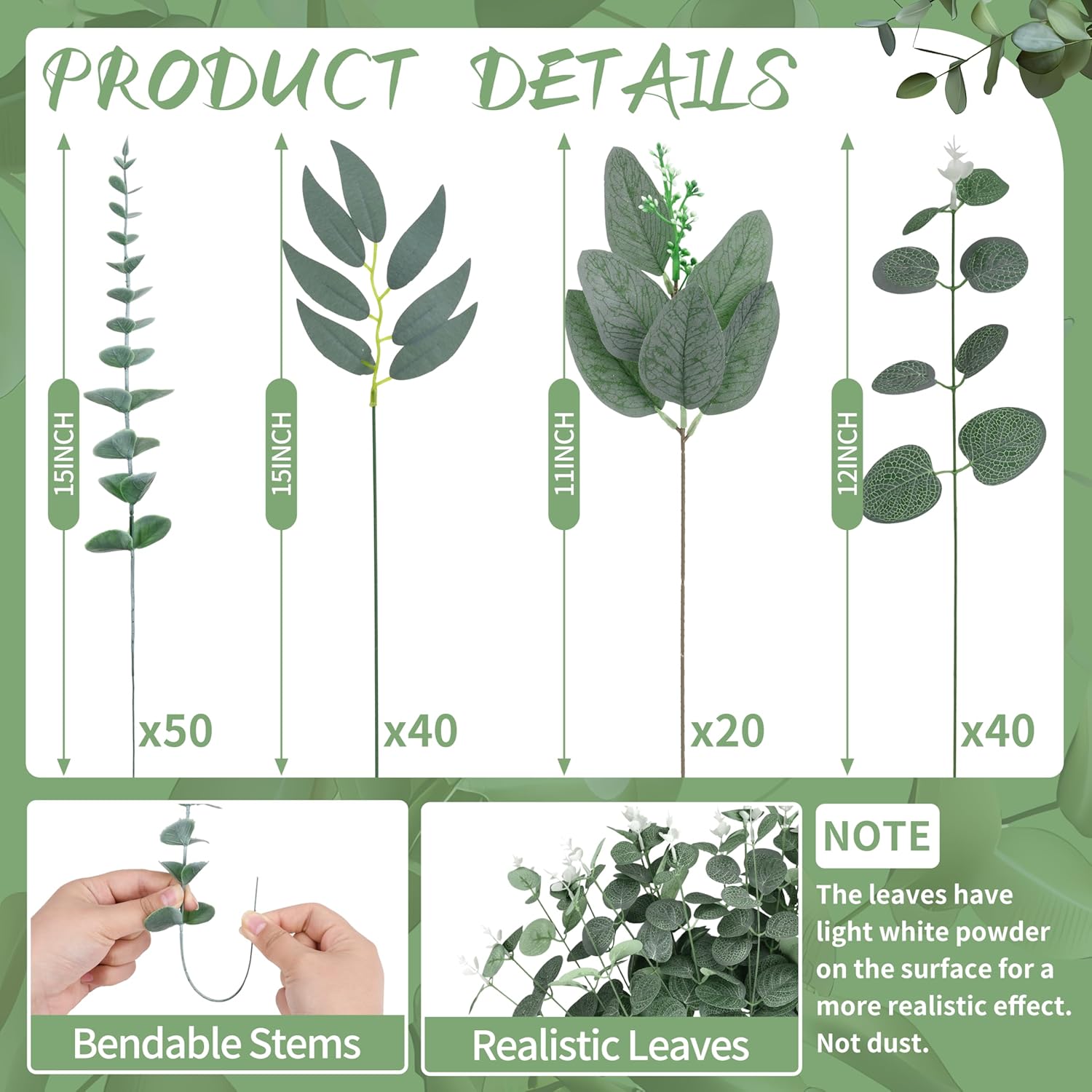 150 Pcs 4 Kinds Mixed Artificial Eucalyptus Leaves Stems Bundle