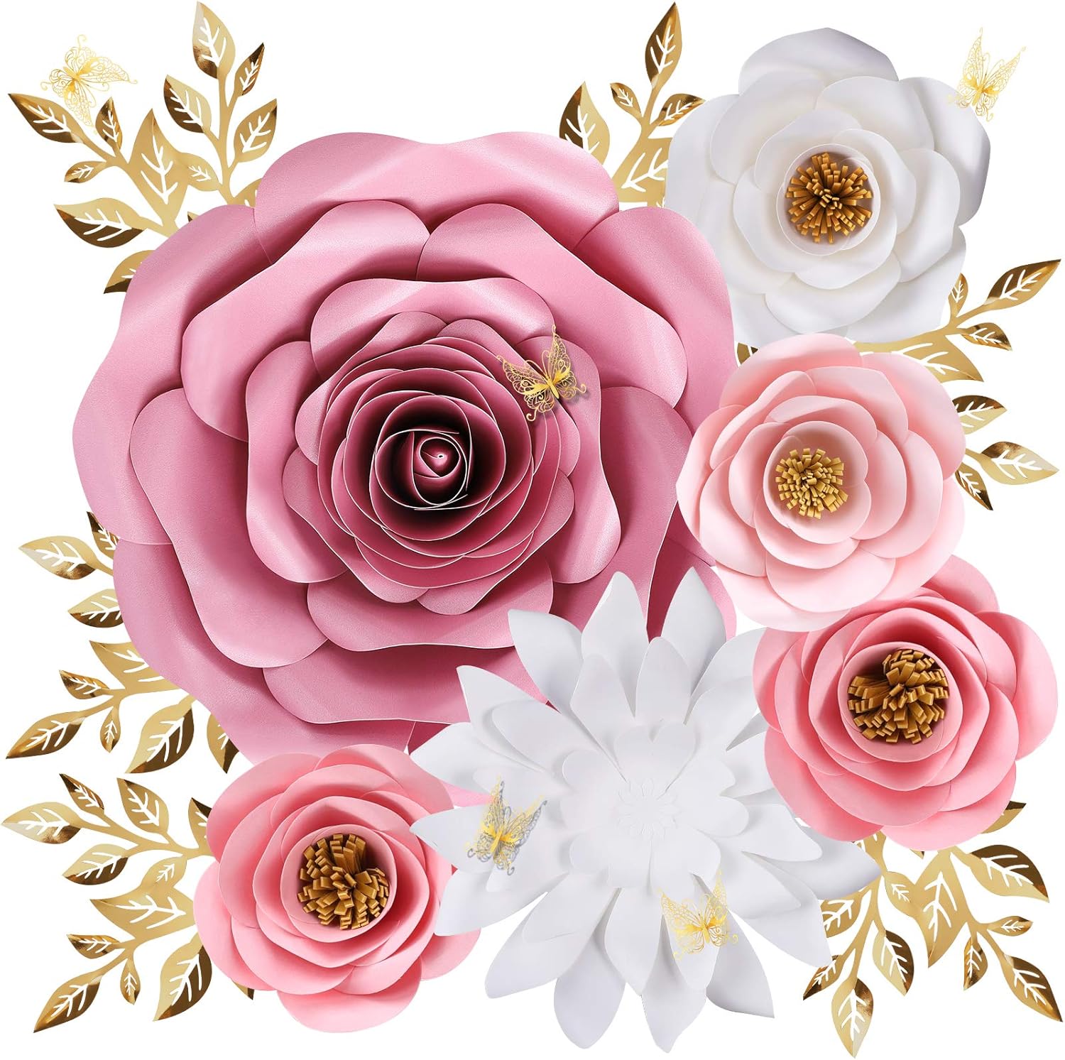 Large 3D Paper Flowers Wall Decor with Gold Butterfly Sticker