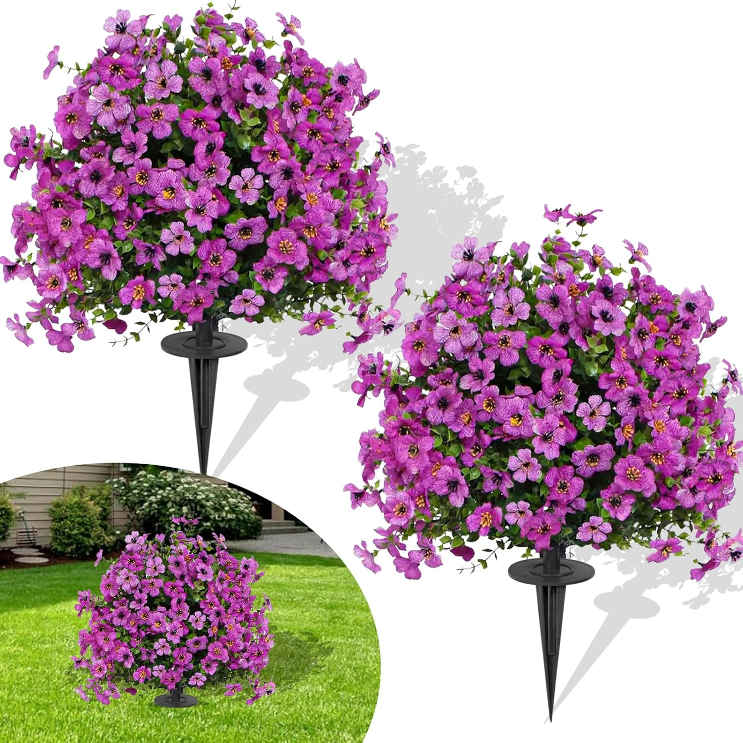 23 Inch Set of 2 Artificial Boxwood Topiary with Violet Flowers and Spikes