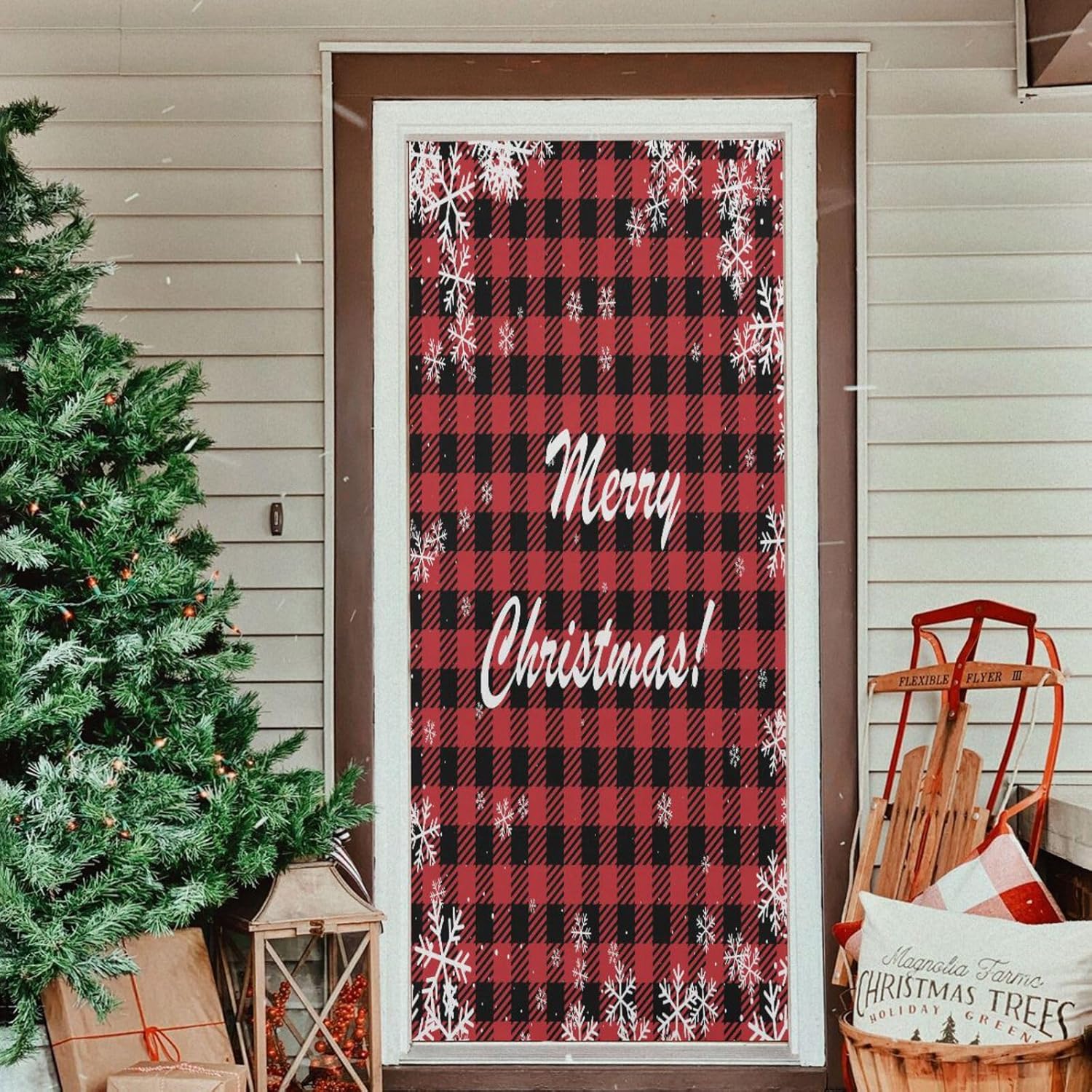 Susiyo Christmas Door Cover with Stretch Fabric Plaid