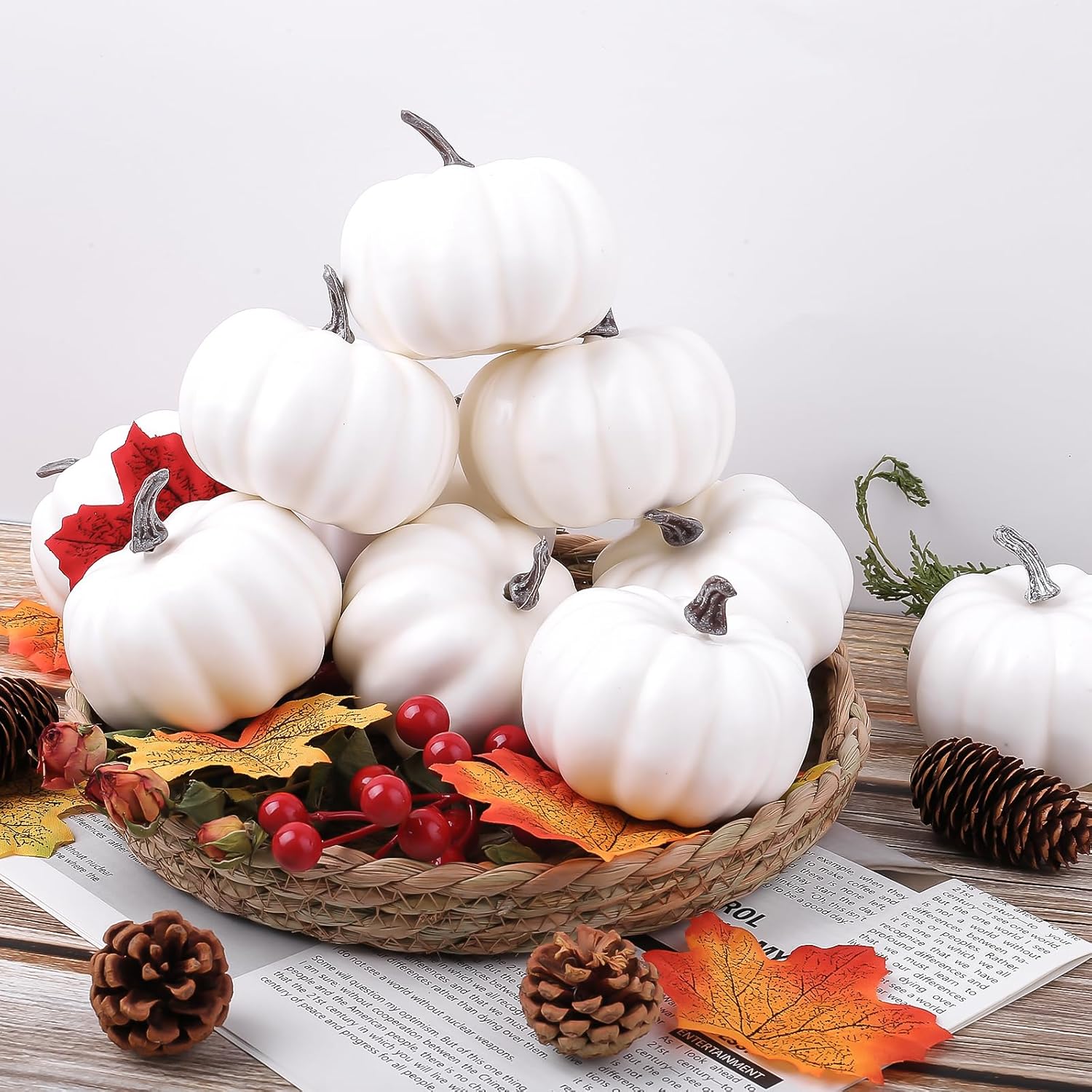 GlyinnHe 12PCS White Artificial Pumpkins for Halloween Decor