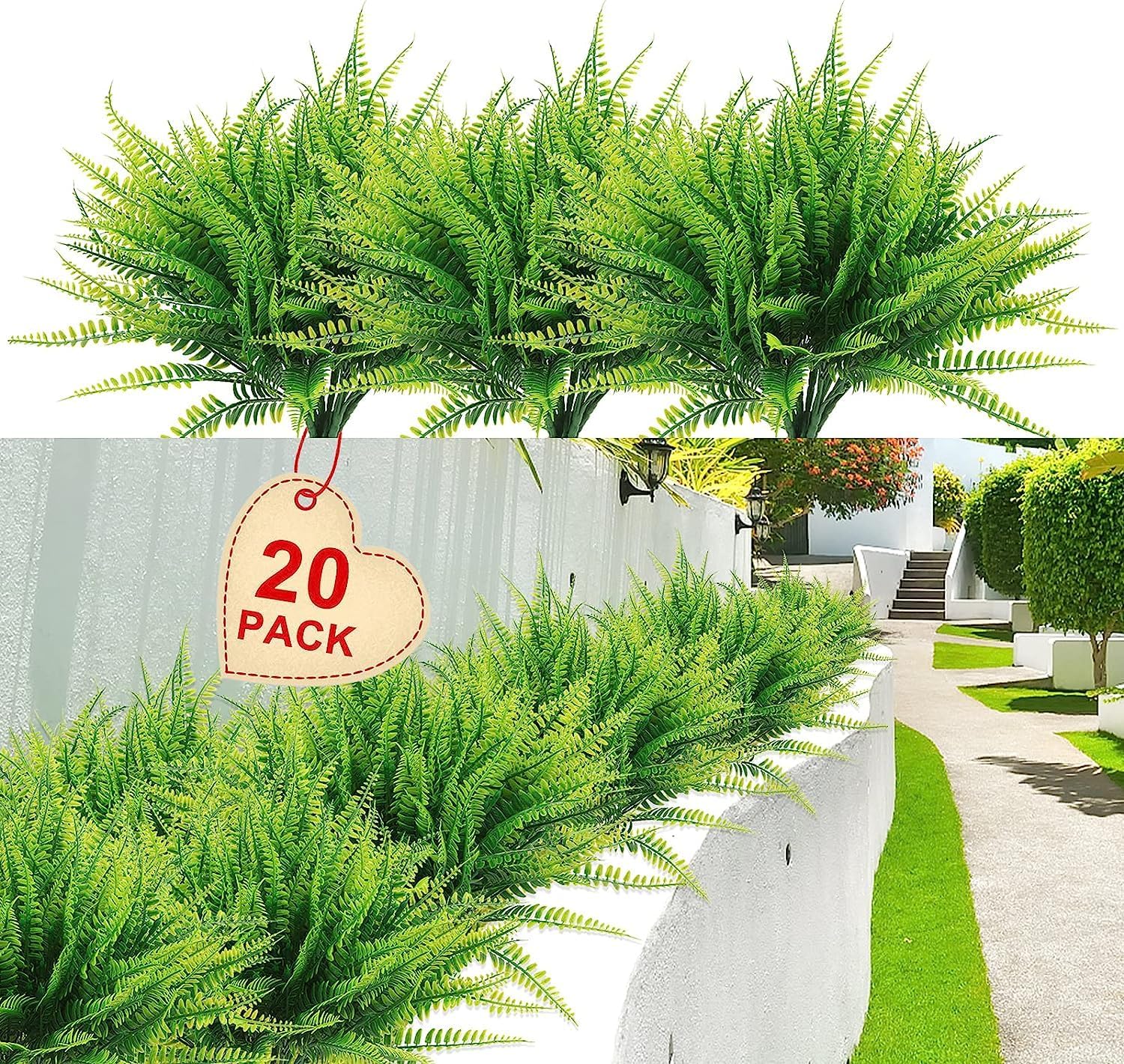 Coreland Artificial Boston Fern Plants 20Packs UV Resistant