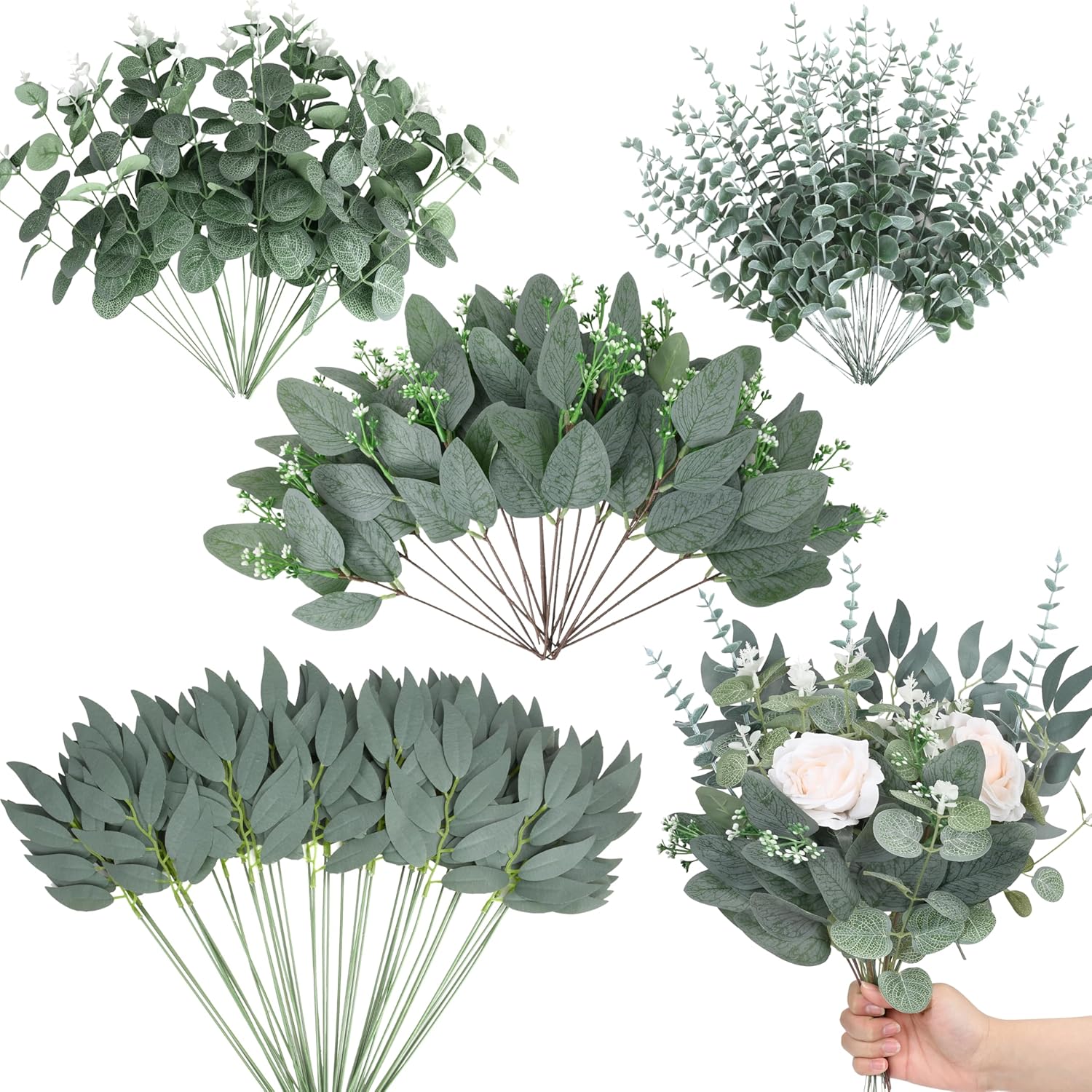 150 Pcs 4 Kinds Mixed Artificial Eucalyptus Leaves Stems Bundle